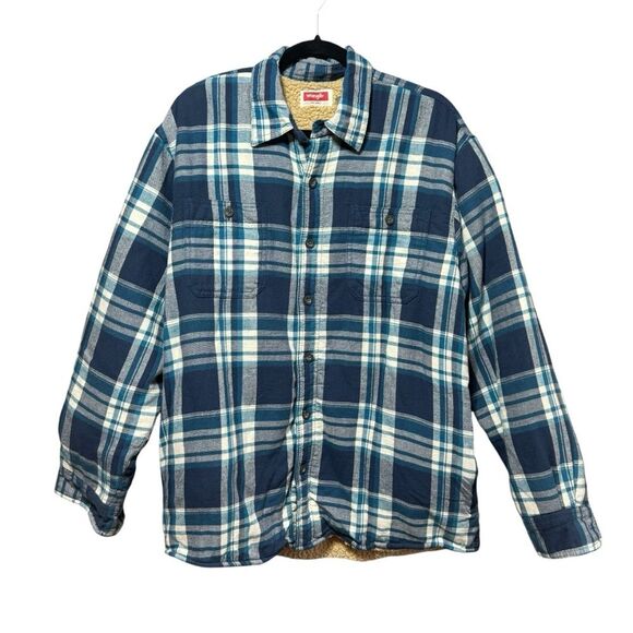 Wrangler- Sherpa Lined Blue/White Plaid Button Down Shacket- Sz. L - Picture 1 of 10